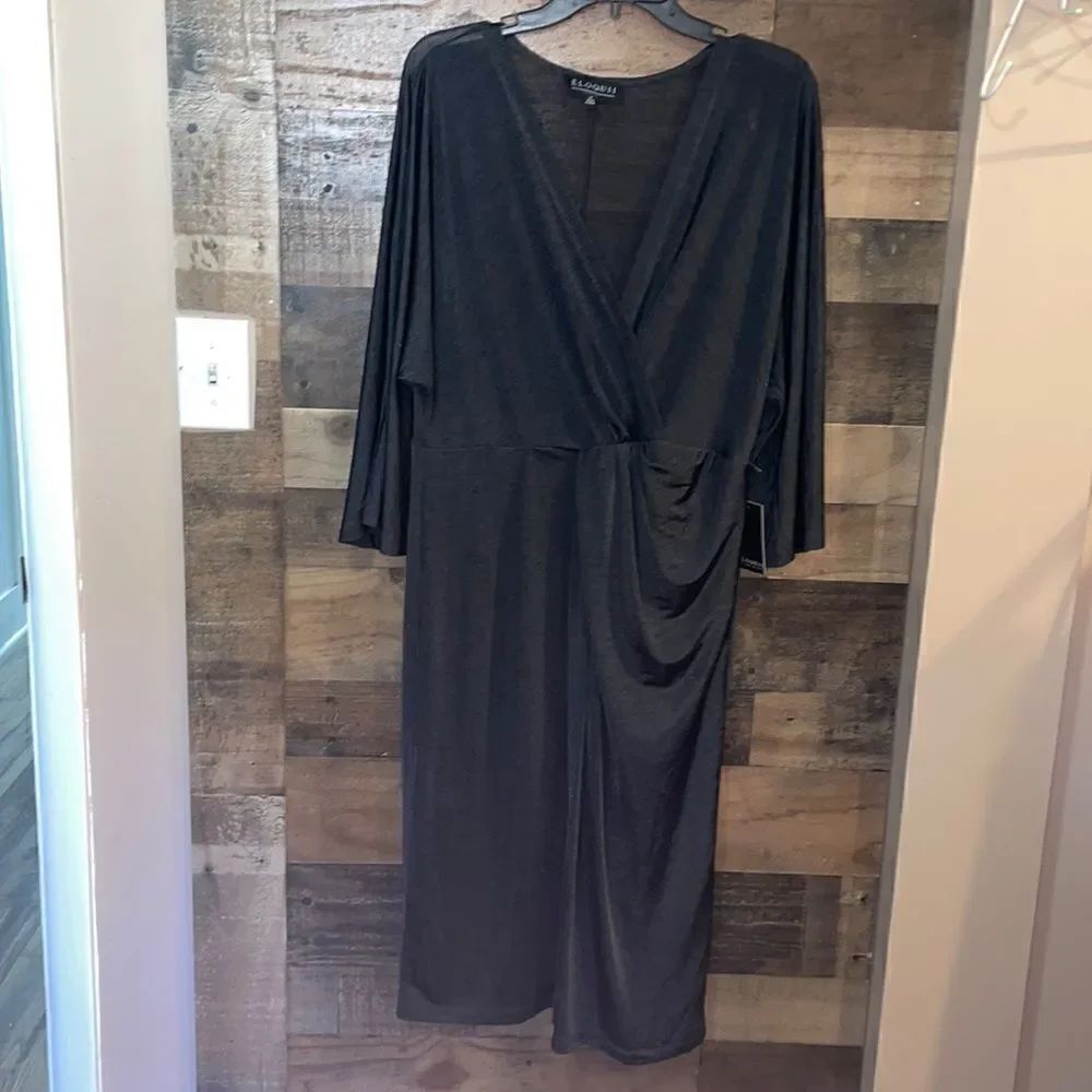 Eloquii Black and Silver Shimmer V Neck Faux Wrap Dress, NWT.